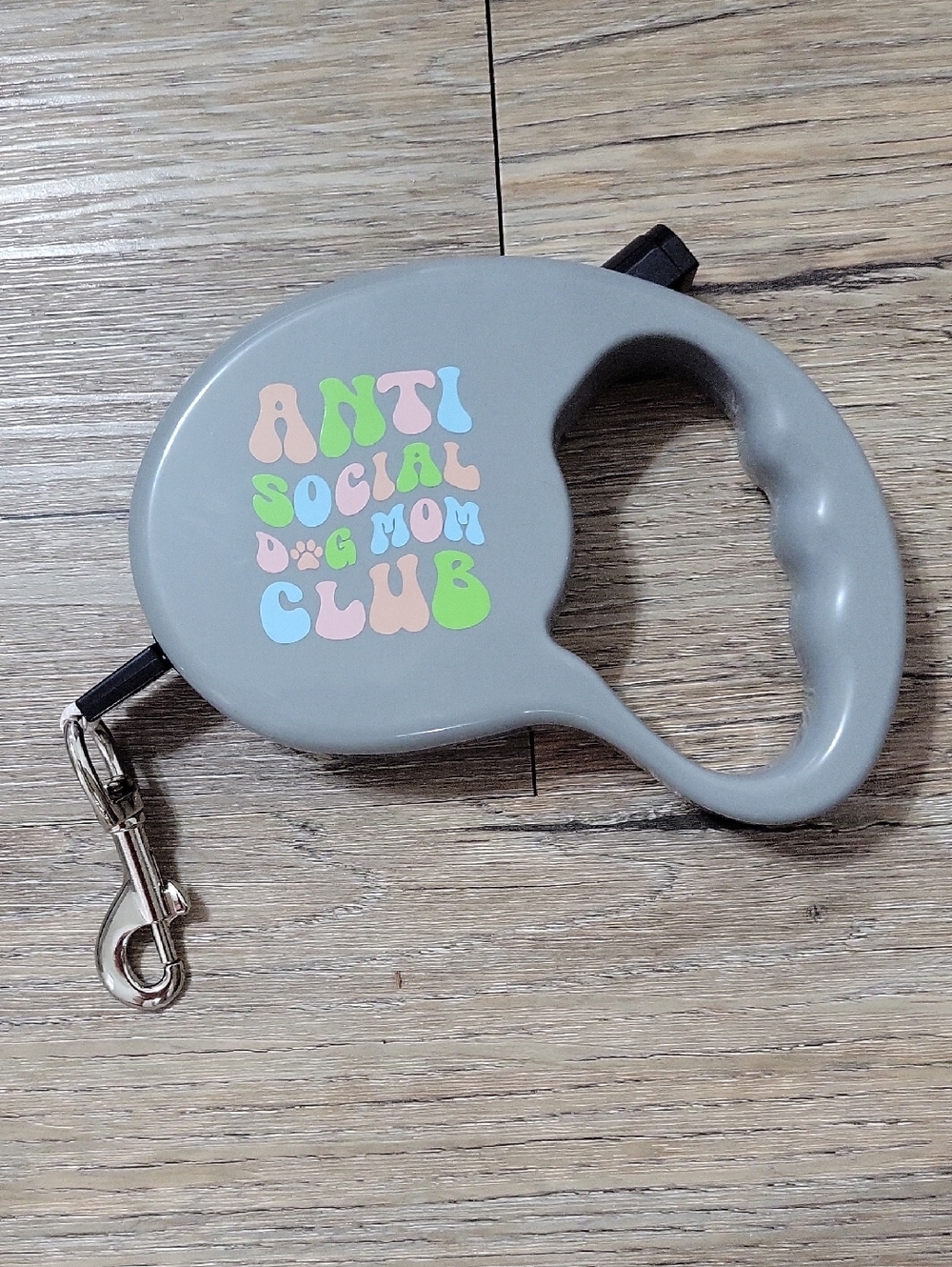 Gray Retractable Dog Leash with Anti Social Dog Mom Club Design